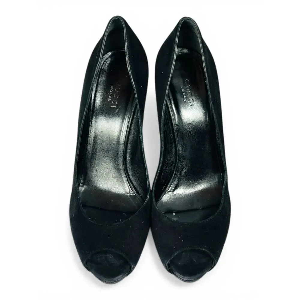 Gucci Black Suede Peep Toe Bamboo Stiletto Heels EU 39.5 Platform Pumps With Box - Picture 2 of 6